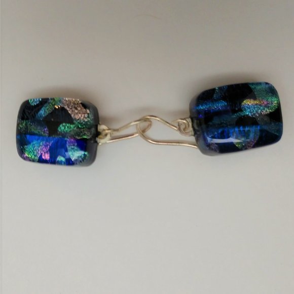 Hand Made Blue and Black Dangle Earrings With Dichroic Square Glass Beads - Picture 14 of 16